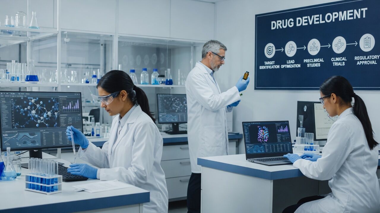 Researchers working in a pharmaceutical development laboratory