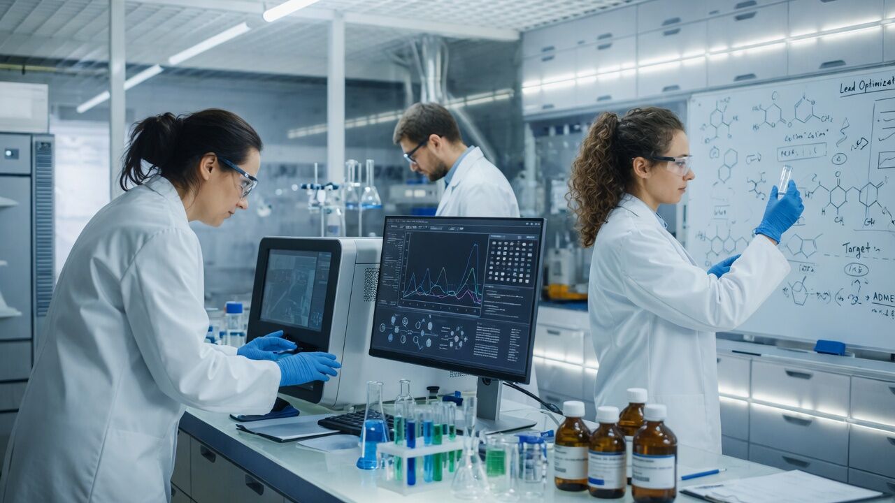 Scientists reviewing assay results on laboratory instruments